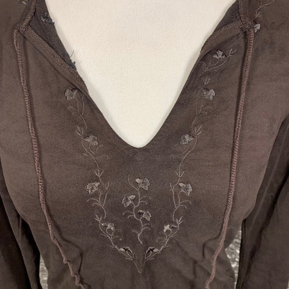 Vintage Express Jeans Brown Embroidered Long Sleeve Top Y2K Boho Women's M - Picture 2 of 7